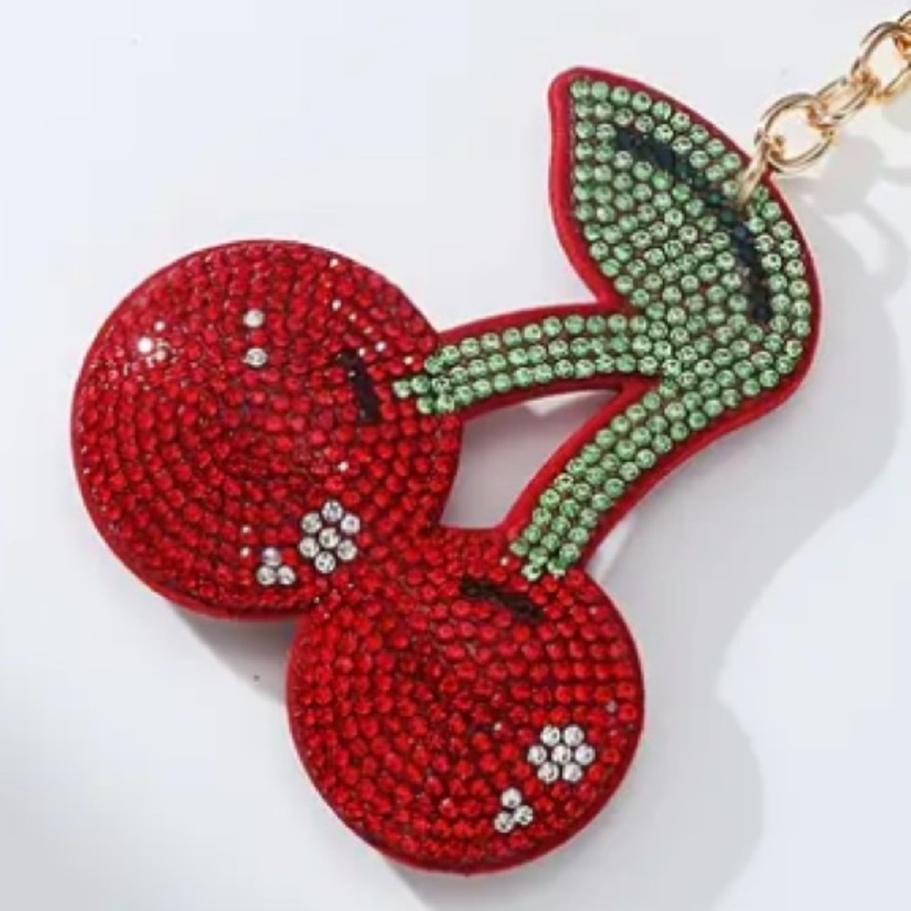 Faux Suede & Rhinestone Cherries Key Chain Bag Charm - Picture 3 of 4
